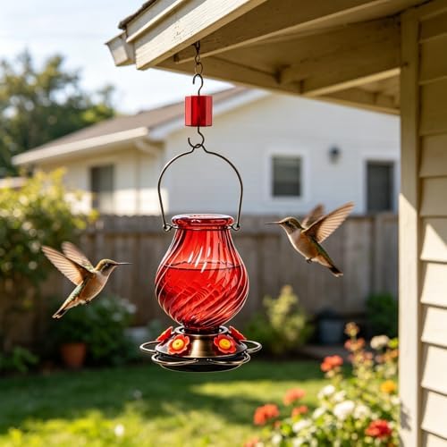 32oz Large Glass Hummingbird Feeders for Outdoors Hanging,Large Capacity Red Hummingbird Feeder with Built-in Ant Moat,Glass Humming Bird Feeder,Gifts for Mom Dad,Outside Garden Décor
