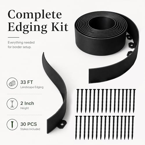 33 FT Garden Edging Border, 2 Inch Flexible Landscape Edging Kit with 30 PCS Stakes, No-Dig Tool-Free Plastic Lawn Border for Flower Beds, Yard Pathways, Landscaping Projects & Outdoor Garden Decor