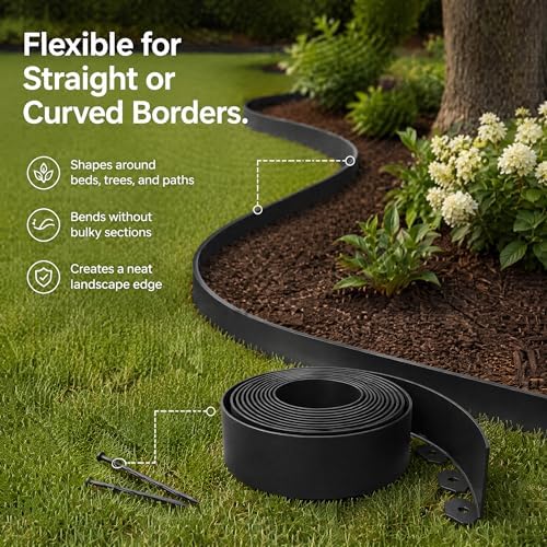 33 FT Garden Edging Border, 2 Inch Flexible Landscape Edging Kit with 30 PCS Stakes, No-Dig Tool-Free Plastic Lawn Border for Flower Beds, Yard Pathways, Landscaping Projects & Outdoor Garden Decor