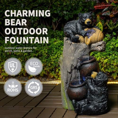 Bear Outdoor Water Fountain with LED Lights, 23.62" Cascading Fountain for Patio, Yard, Balcony, Garden Decor, Weather-Resistant Resin, Soothing Water Flow (Brown Grey)