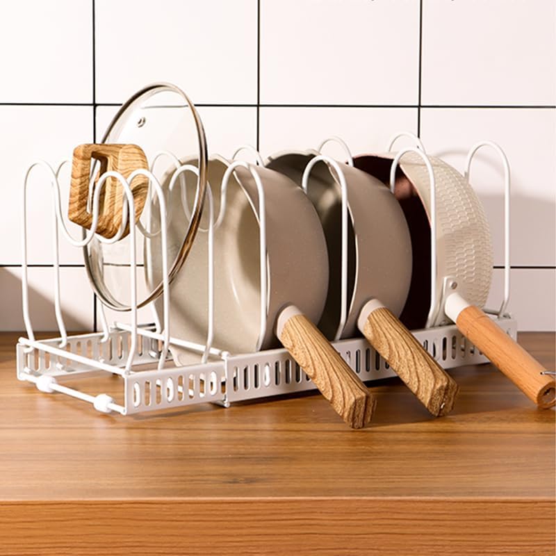 Expandable Pots and Pans Organizer Rack, 7 Compartments, White