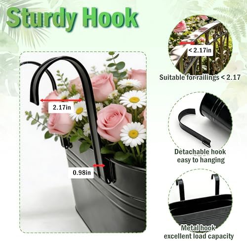 Metal Railing Planter Boxes 16 Inch, 3-Pack Adjustable Hanging Flower Pots for Balcony, Deck, Porch & Fence, Detachable Hook Design, Black Heavy Duty Planters for Outdoor