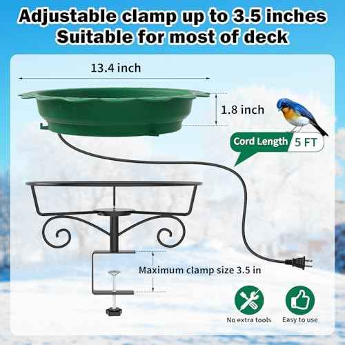 Heated Bird Bath for Deck Railing, Powerful 100W Thermostatically Controlled Heated Bird Baths for Outdoors for Winter, Heated Birdbath Water Heater for Outside Garden Yard Patio Lawn (Green)