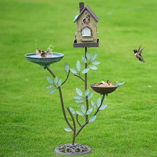 Cast Iron Pedestal Bird Baths for Outdoors，Metal Bird Bath and Bird House