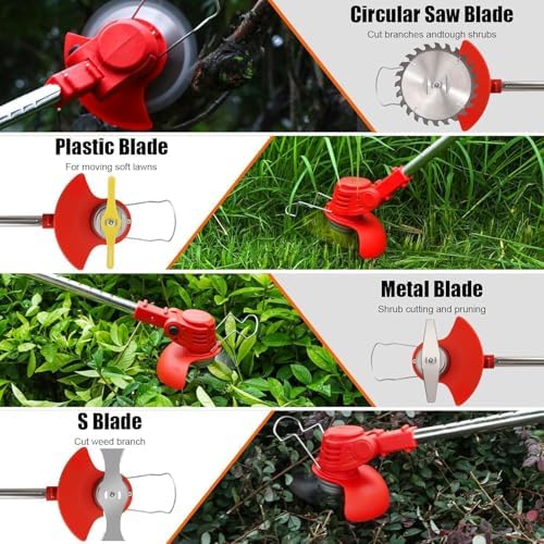 Electric Weed Wacker Cordless, 21V Lightweight Stringless Weed Wacker, Weed Trimmer, 3-in-1 Grass Trimmer/Brush Cutter/Edger, with Wheels,2pcs Batteries&4 Types Blades for Thick Weeds&Yard Garden