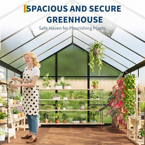 6x10 FT Greenhouse, Outdoor Sliding Door, Polycarbonate Greenhouse with Aluminum Frame, Lockable Door and Ajustable Roof Vent for Backyard, Outside Garden Backyard, Patio, Black