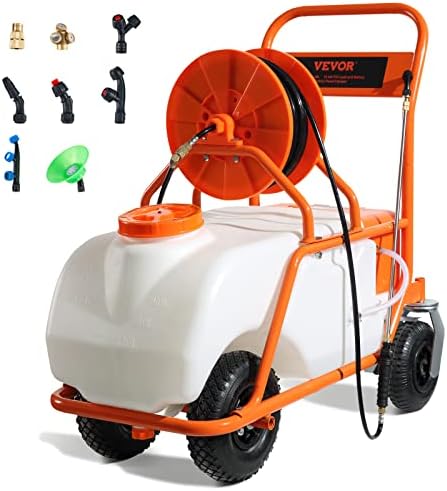VEVOR Battery Powered 15 Gallon Garden Weed Sprayer with Wheeled Cart, 126FT Hose with Reel, 8 Nozzles, 2 Wands with Lock Trigger, 0-90PSI, 5-6h Spray Time, Wide Mouth Lid, Rotating Wheels with Brake
