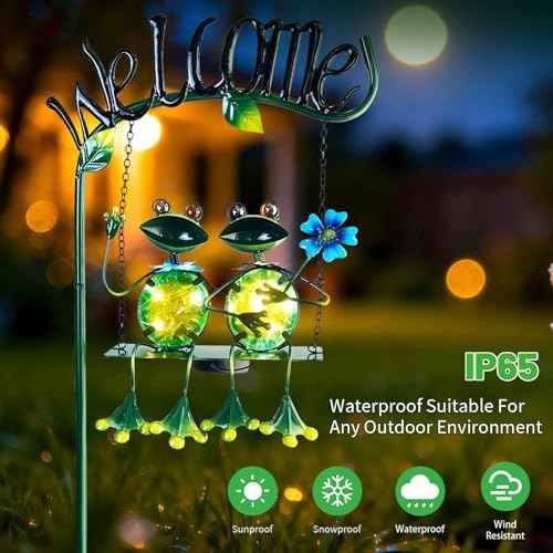Solar Lights Outdoor Waterproof, Frog Swing Garden Decor, Frog Decorative Stake with Welcome Sign Landscape Patio Yard Gifts for Women Mom (48 inch)