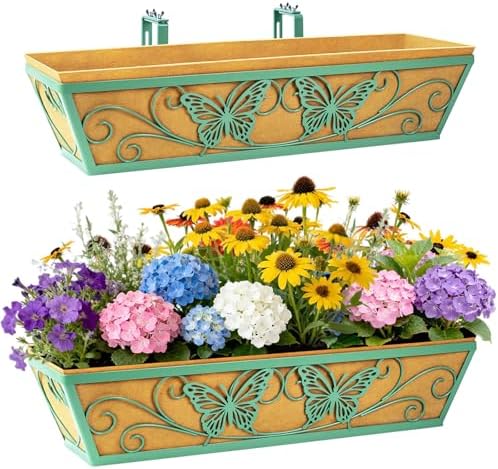 2 Pack 24 Inch Window Boxes Planter for Outdoor Plants Deck Railing Planters Box with Adjustable Brackets for Porch Fence Balcony Hanging Flower Baskets with Liner for Garden Décor - Green