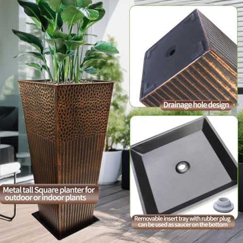 2 Pcs Pack Metal Tall Tapered Planter Pots Steel Large Square Planter Flower Pot with Drainage Holes for Indoor Outdoor Deck Porch Garden Home Patio Front Door (Antique Copper, 28" H.)