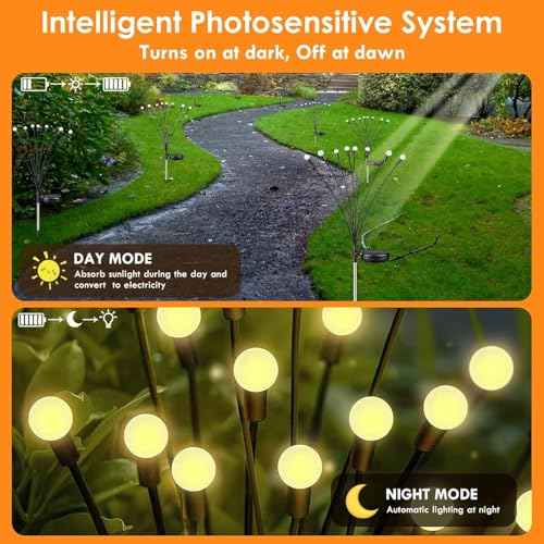 Solar Garden Lights Outdoor 8 Pack 64 LED Solar Firefly Lights Warm White | Auto ON/OFF, 2 Modes, Swaying with Wind, IP65 Waterproof Fairy Lights for Outside Yard, Path, Patio, Lawn, Flower Bed Decor