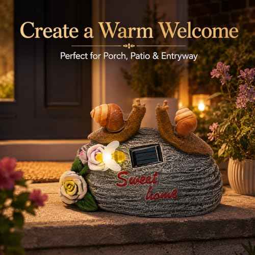 Solar Garden Snail Statue with Sweet Home Sign, Cute Resin Snail Outdoor Decorations with Bee Light for Patio Yard Lawn Porch, Housewarming Gifts for Mom Women