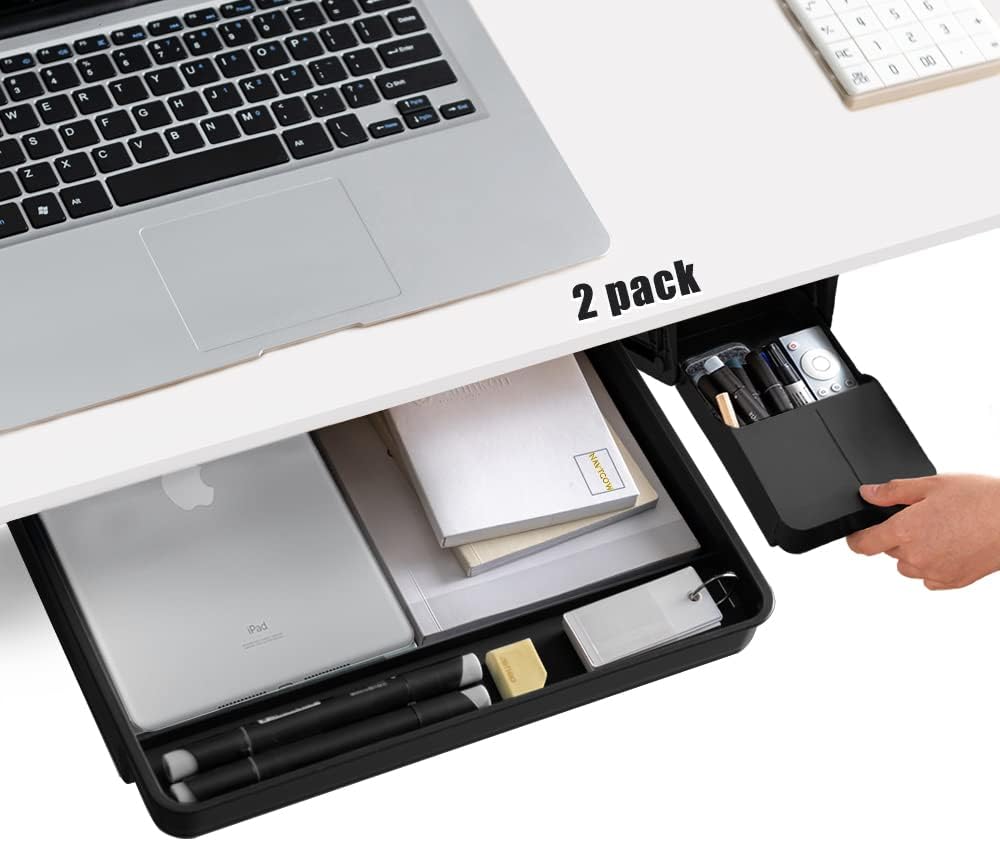 Under Desk Drawer Storage Organizer - 2 Pack (Large and Small) Black - (Please Note - Drawer Size/No Lip Under Desktop) - 2 Installation Methods (Screw or Adhesive) - Field & Nook