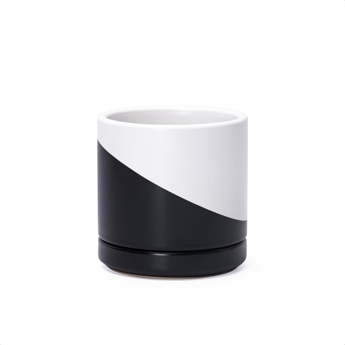 D'vine Dev 3.5 Inch Ceramic Planter Pot with Drainage Hole and Saucer, Indoor Cylinder Round Planter Pot, Oblique Monochrome Black and White, 94-O-A-K