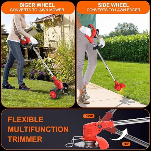 Electric Weed Wacker Cordless, 21V Lightweight Stringless Weed Wacker, Weed Trimmer, 3-in-1 Grass Trimmer/Brush Cutter/Edger, with Wheels,2pcs Batteries&4 Types Blades for Thick Weeds&Yard Garden