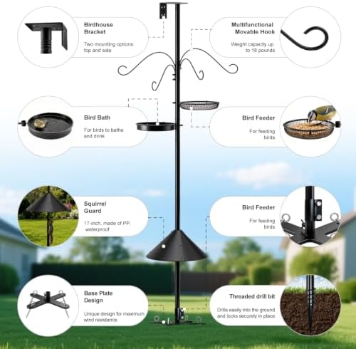 92 Inch Squirrel Proof Bird Feeder Pole with X shape Base Plate, Heavy Duty 1 Inch Dia Bird House Pole, Adjustable Multi-Hook Bird Feeding Station with Squirrel Baffle, Water Bowl & Mesh Tray