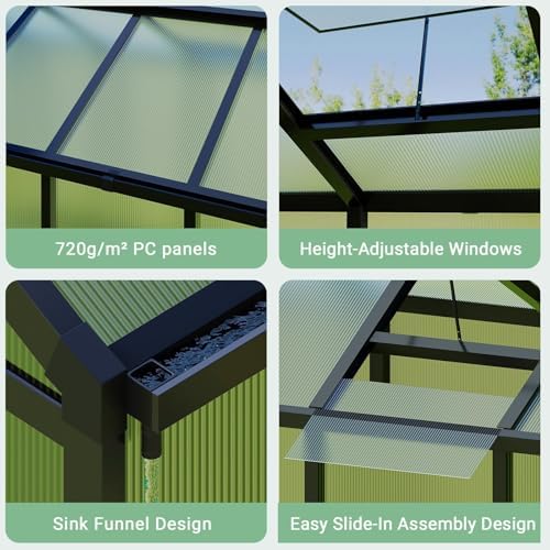 6x10 FT Greenhouse, Outdoor Sliding Door, Polycarbonate Greenhouse with Aluminum Frame, Lockable Door and Ajustable Roof Vent for Backyard, Outside Garden Backyard, Patio, Black