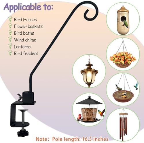 Heavy Duty Deck Hook,Courtyard Decoration,Pole 16.5”Long Metal Deck Railing Hooks for Hanging Bird Feeders,Planters,Suet Baskets,Lanterns,Wind Chimes,Clamp Mounted,Under 18 LBS(2 Pack)