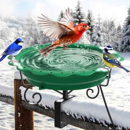 Heated Bird Bath for Deck Railing, Powerful 100W Thermostatically Controlled Heated Bird Baths for Outdoors for Winter, Heated Birdbath Water Heater for Outside Garden Yard Patio Lawn (Green)