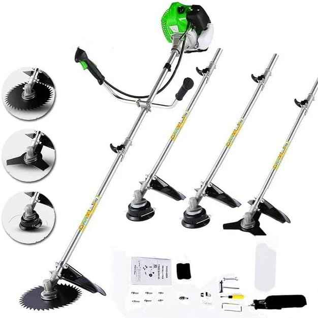 58CC Weed Wacker Brush Cutter, Gas Powered String Trimmer 4-in-1 Gas Weed Eater with 4 Detachable Heads Straight Shaft 2-Cycle for Weed, Brush(Green)