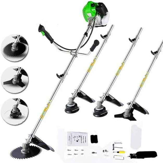 58CC Weed Wacker Brush Cutter, Gas Powered String Trimmer 4-in-1 Gas Weed Eater with 4 Detachable Heads Straight Shaft 2-Cycle for Weed, Brush(Green)