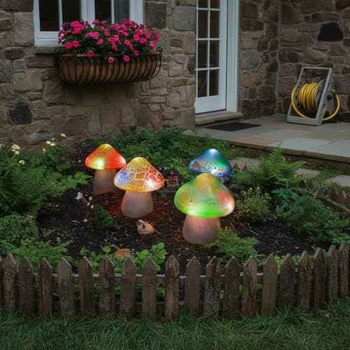 4 Pcs Solar Mushroom Light Outdoor Crack Solar Garden Decor Light 4.7x5.7 Inch Summer Stake Lamp Waterproof Mushroom Pathway Landscape Lamp Garden Gnomes Backyard Flower Bed Yard Lawn Pathway