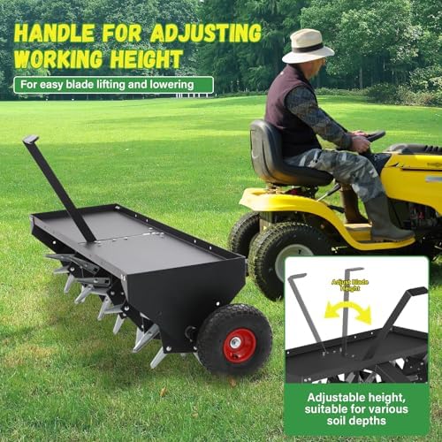 Doniks 52-Inch Tow Behind Lawn Plug Aerator with Universal Hitch, Lawn Aerator Tow Behind with 40 Galvanised Steel Tines,Tray and Inflatable Wheels for Gardens, Lawns, Farms