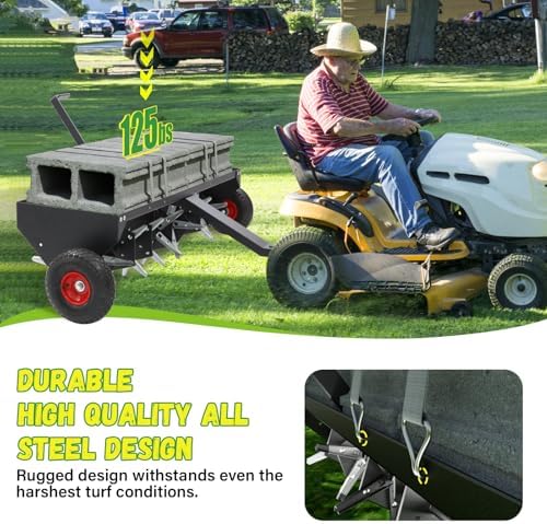 Doniks 52-Inch Tow Behind Lawn Plug Aerator with Universal Hitch, Lawn Aerator Tow Behind with 40 Galvanised Steel Tines,Tray and Inflatable Wheels for Gardens, Lawns, Farms