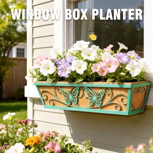 2 Pack 24 Inch Window Boxes Planter for Outdoor Plants Deck Railing Planters Box with Adjustable Brackets for Porch Fence Balcony Hanging Flower Baskets with Liner for Garden Décor - Green