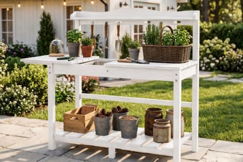 All-Weather HDPE Outdoor Potting Bench with Removable Sink, Expandable Gardening Work Station with Sliding Tabletop, Built-in Wheels, Heavy Duty Planting Table for Outside Patio, White