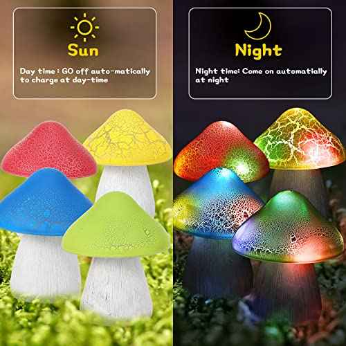 4 Pcs Solar Mushroom Light Outdoor Crack Solar Garden Decor Light 4.7x5.7 Inch Summer Stake Lamp Waterproof Mushroom Pathway Landscape Lamp Garden Gnomes Backyard Flower Bed Yard Lawn Pathway