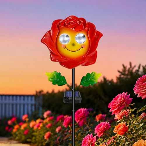 Solar Garden Light Waterproof Smile Rose Decor with Moving Eyes | Iron construction, for garden yard patio, solar powered, animated moving eyes smile, gift for mom grandma,Christmas decor