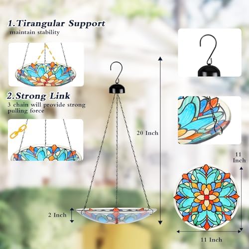 MUMTOP Hanging Glass Bird Bath Outdoors Bird Water Bowl Feeder Garden Decor