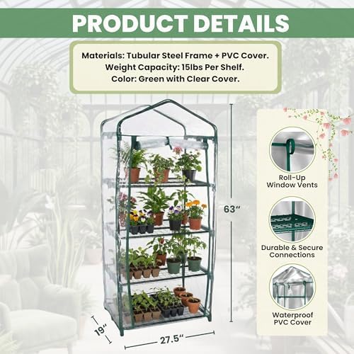 Pure Garden 4 Tier Mini Greenhouse, 27.5x19x63-Inch