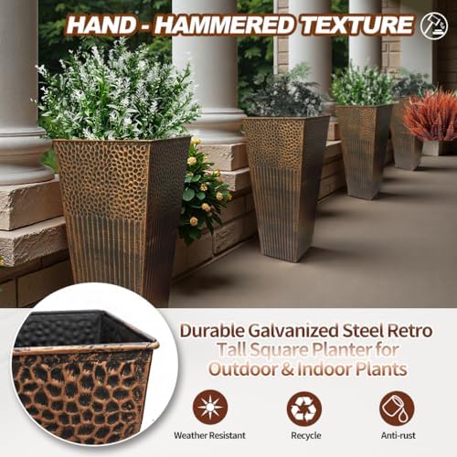 2 Pcs Pack Metal Tall Tapered Planter Pots Steel Large Square Planter Flower Pot with Drainage Holes for Indoor Outdoor Deck Porch Garden Home Patio Front Door (Antique Copper, 28" H.)