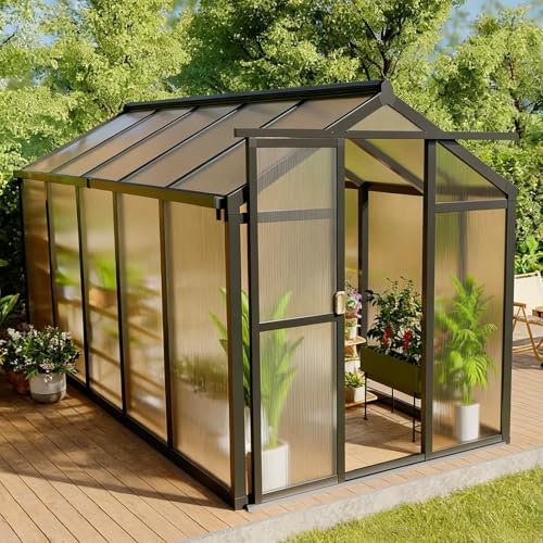6x10 FT Greenhouse, Outdoor Sliding Door, Polycarbonate Greenhouse with Aluminum Frame, Lockable Door and Ajustable Roof Vent for Backyard, Outside Garden Backyard, Patio, Black