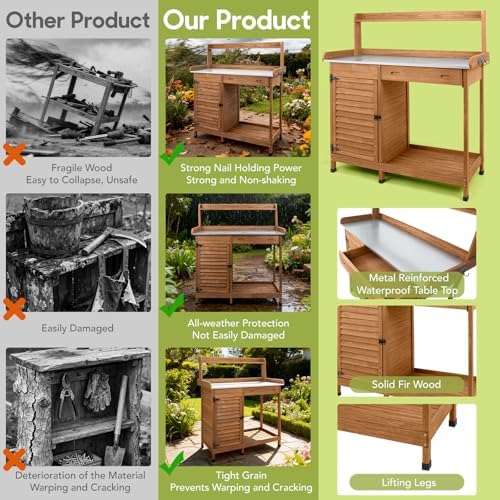 Outdoor Potting Bench Table, Wooden Weatherproof Garden Work Station with Sliding Drawer, Metal Table Top, Metal Hooks, Large Bottom Shelf, Open Shelf, Tool Hooks