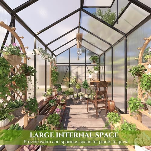 7.2FT High 6*10.2FT Greenhouse for Outdoors,Polycarbonate Greenhouse with Stronger Wind Protection and Roof Vent,Walk-in Large Aluminum Sunroom Winter Proof,Black
