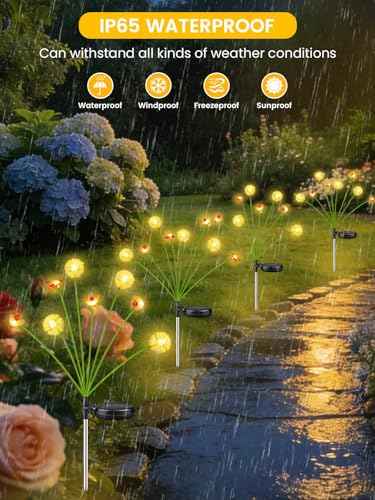 Solar Garden Lights Outdoor 6 Pack 48 LED Swaying Dandelion Bee Lights | 2 Modes (Steady on, Slow Twinkle),Cute Flower Pathway Lights for Yard Lawn Patio Party Garden Wedding Pathway Decorations
