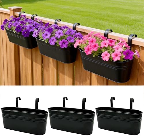 Metal Railing Planter Boxes 16 Inch, 3-Pack Adjustable Hanging Flower Pots for Balcony, Deck, Porch & Fence, Detachable Hook Design, Black Heavy Duty Planters for Outdoor