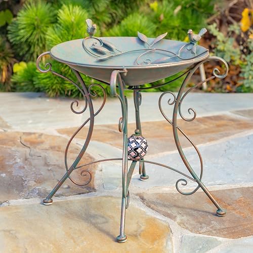 Zaer Ltd. Deep Metal Birdbath with 2 Cast Iron Birds on Rim, Branch and Leaf Detail in Basin, and Porcelain Ball Accent Decoration on Stand (Aged Bronze)
