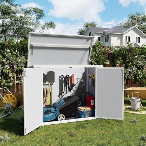 41 Cu.Ft Storage Shed Outdoor Horizontal Resin Shed Plastic Garden Shed with Floor Waterproof Storage Deck Box Outside Storage Container with Lockable Door for Patio (Light Grey)