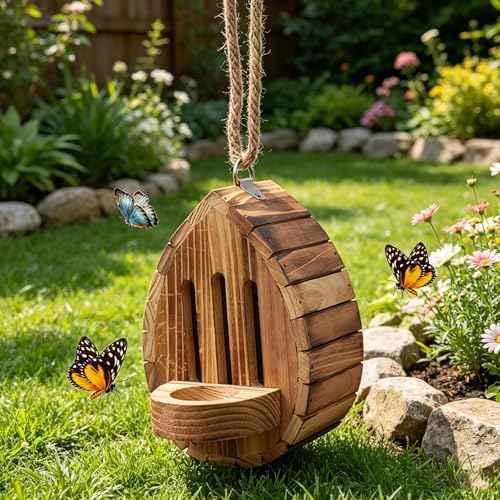 Butterfly House Butterfly Habitat Garden - Wooden Butterfies Houses with Feeder Hanging Garden Decoration Natural Butterfly Habitat Nesting Box for Butterflies Bugs Moths & Lacewings