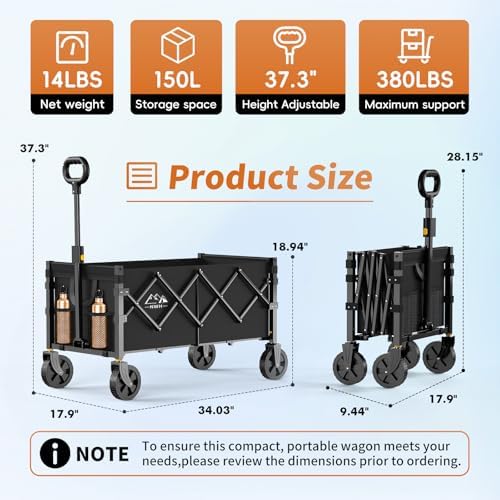 NWH 34'' Extra Long Collapsible Wagon, 380lbs Large Capacity Folding Wagons Carts with Wheels Foldable, Heavy Duty Utility Cart with All-Terrain Wheels for Beach Outdoor Grocery Camping Garden
