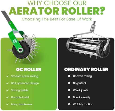 Manual Lawn Aerator Roller Tool 42 Steel Spikes, 57-in Rolling Lawn Aerator