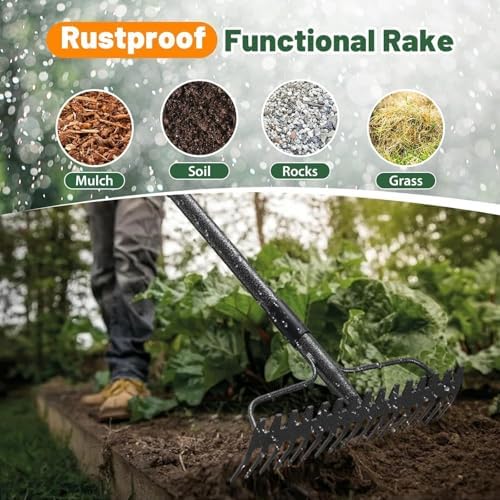 Garden Rake, 60 Inch Long Handle with 17 Tongs, Heavy Duty Metal Bow Rake for Loosening Leveling Soil, Garden Leaf Rake for Raking Leaves Grass , Weeding, Yard Thatch Lawn Care Garden Tool