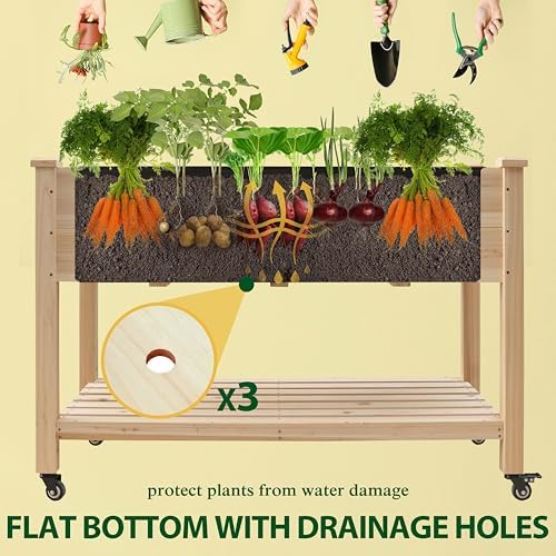 MUPATER 4x2FT Cedar Raised Garden Bed, Rolling Wood Planter Box with