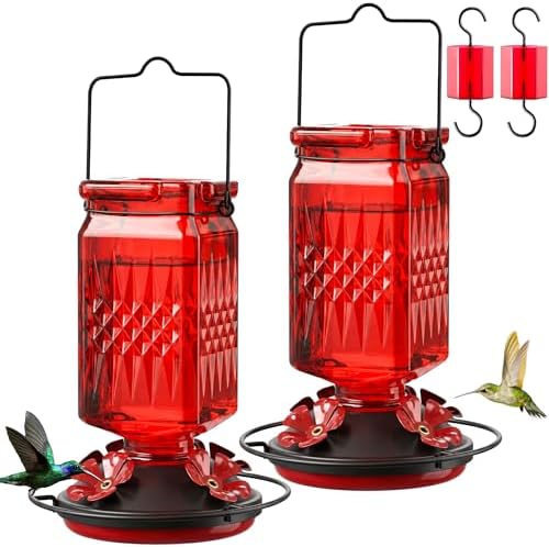 20oz Glass Hummingbird Feeder for Outdoors Hanging, Bird Nectar Feeder with 4 Bee Guard Flower-Shaped Feeding Ports & Built-in Ant Moat, for Bird Lover, Red (2 Pack)