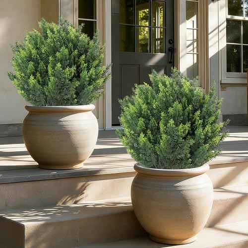 24''Artificial Cedar Topiary Ball Trees for Outdoor,2 Pack Greenery Cypress Tree Plants with Ground Spike,UV Resistant Faux Pine Bushes Shrubs for Garden,Porch,Front,Patio