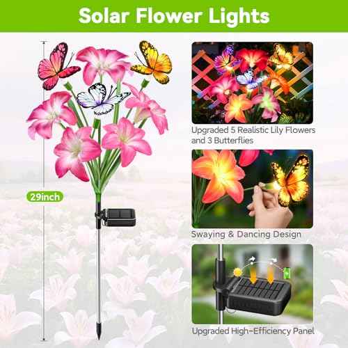 4 Pack Solar Garden Lights Outdoor, 7 Color Changing Lily Flower Lights | Silk lily Petals With Butterflies, 32 Warm LEDs, 800mAh Solar Power, IP65 Waterproof for Gardens, Patios, Flower Beds, Yards